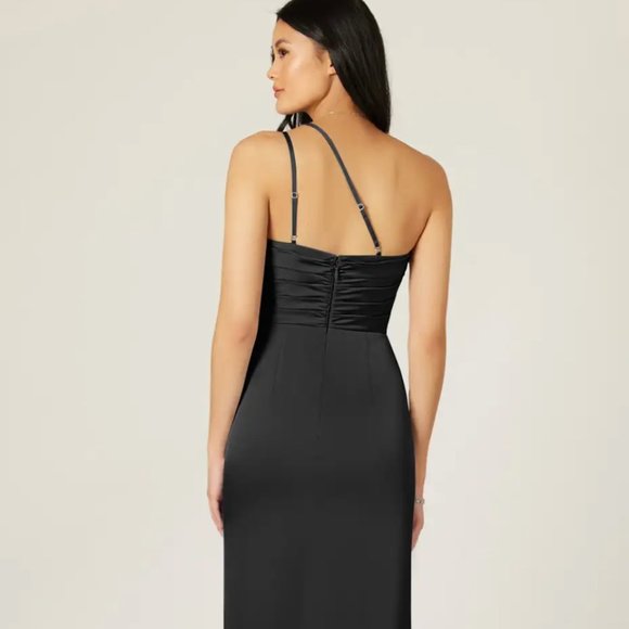 Black Azazie Eren Mermaid One Shoulder Stretch Satin Floor-Length Dress - Picture 3 of 3